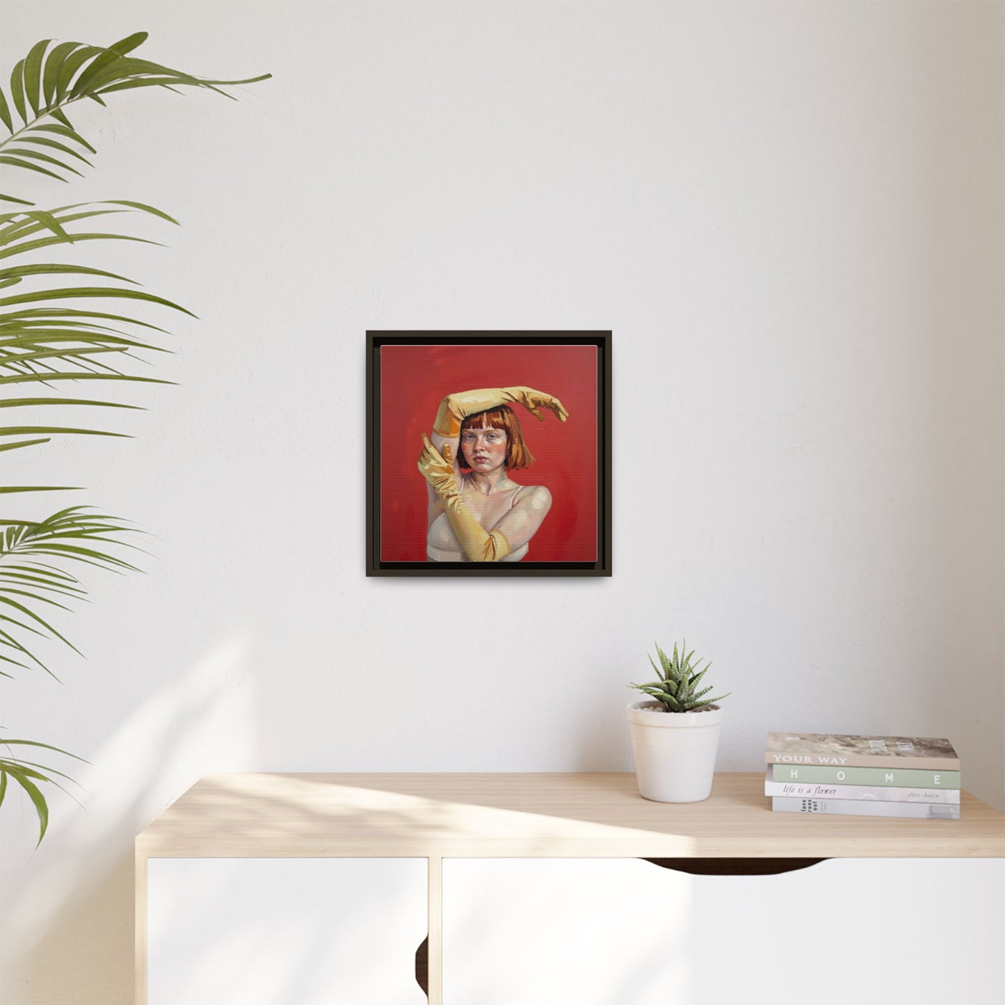 Framed Matte Canvas Art - Portrait of Woman in Yellow Gloves (Red Background)