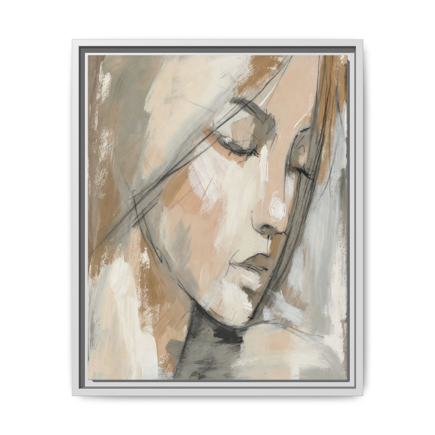 Framed Matte Canvas Art — Serene Abstract Portrait in Neutrals