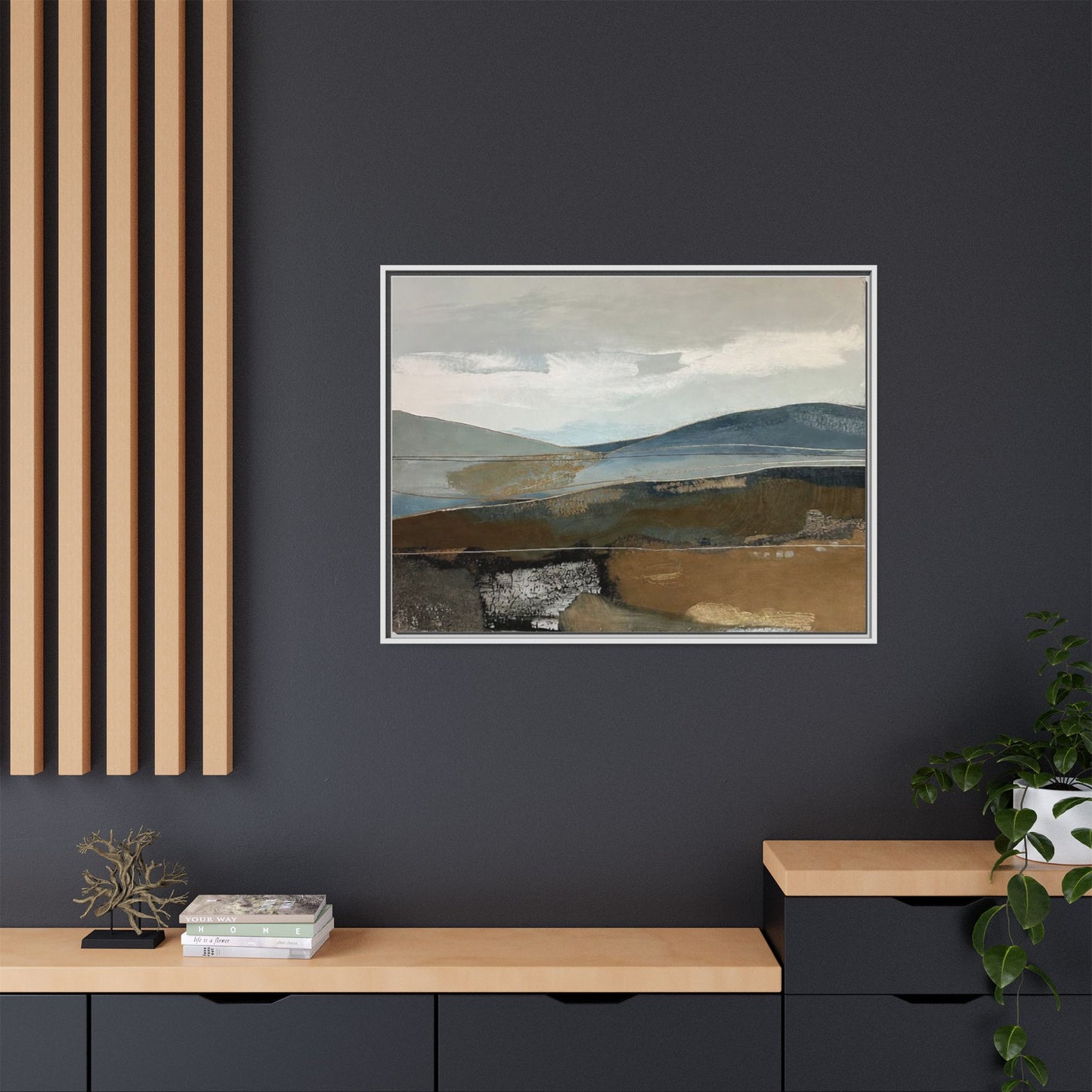 Framed Matte Canvas Landscape Art - Serene Abstract Hills in Blue & Earth Tones