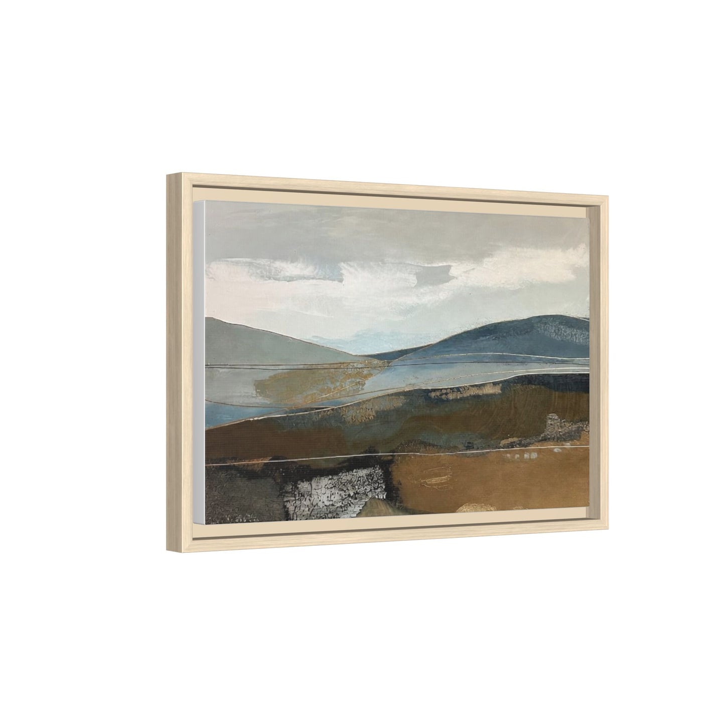 Framed Matte Canvas Landscape Art - Serene Abstract Hills in Blue & Earth Tones