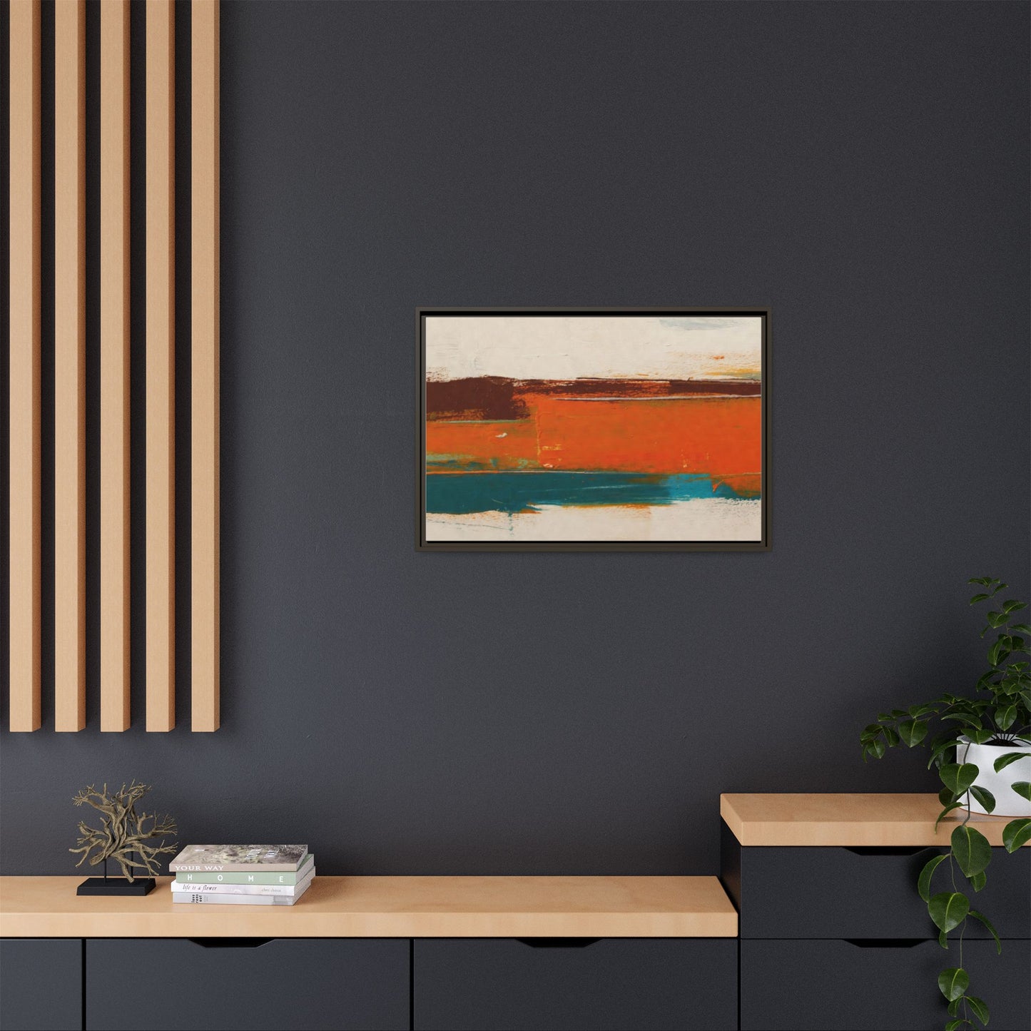 Abstract Horizon Matte Canvas Framed Print — Modern Orange Teal Wall Art