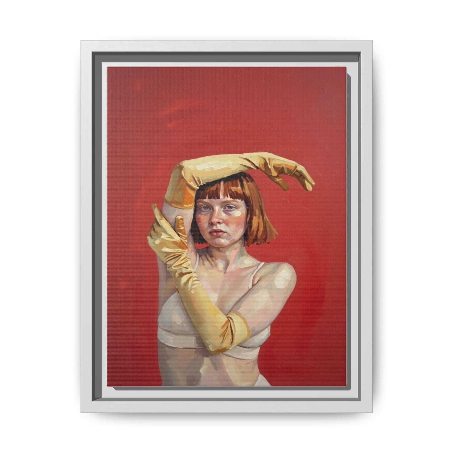 Framed Matte Canvas Art - Portrait of Woman in Yellow Gloves (Red Background)