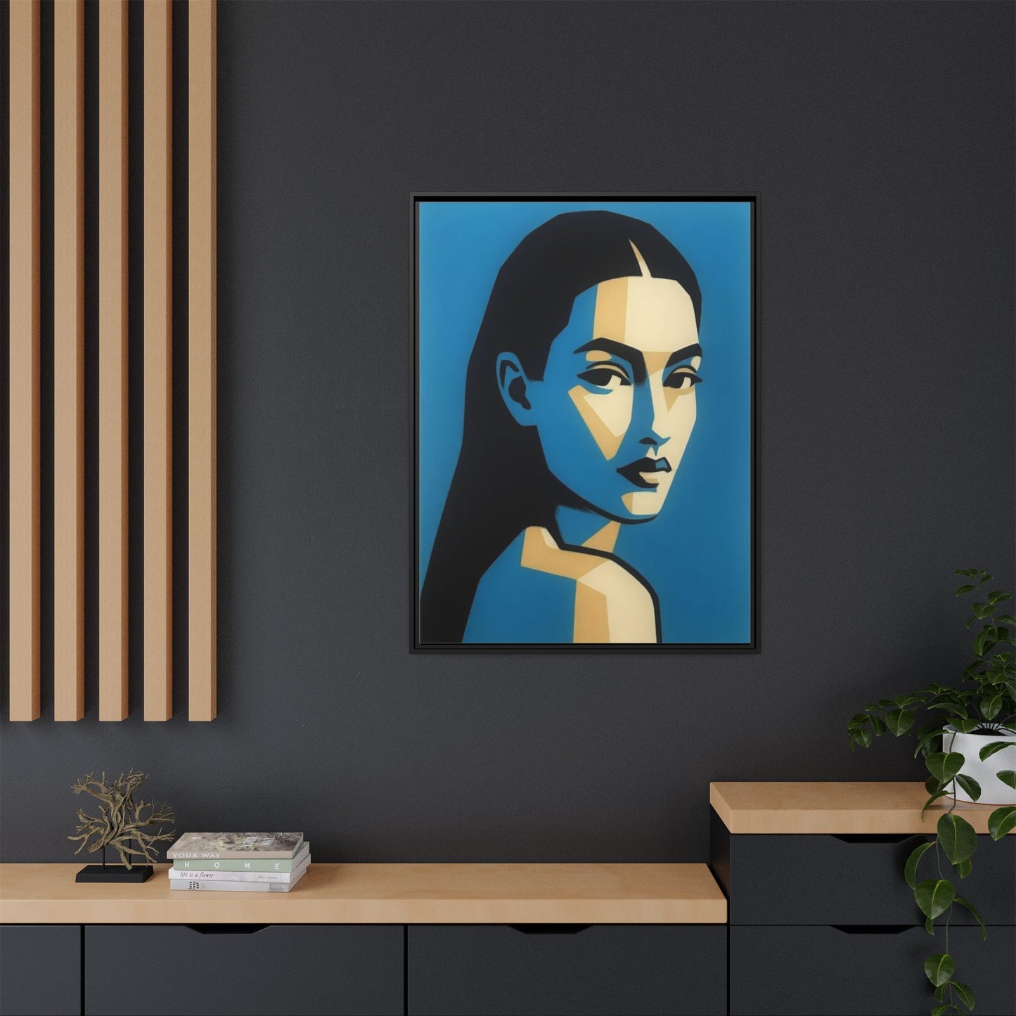 Framed Pop Art Portrait Canvas — Blue Geometric Woman Print