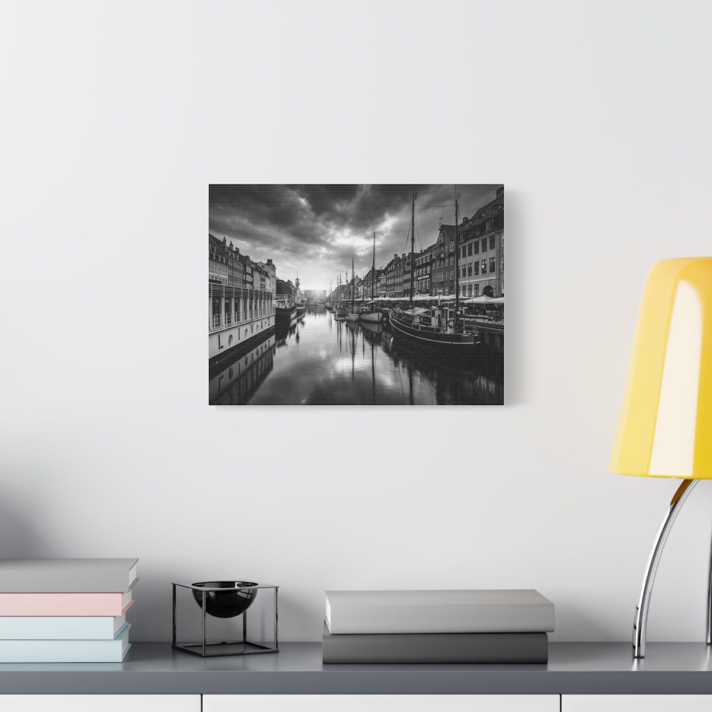 Black & White Harbor Canvas Print — Dramatic Copenhagen Cityscape Wall Art