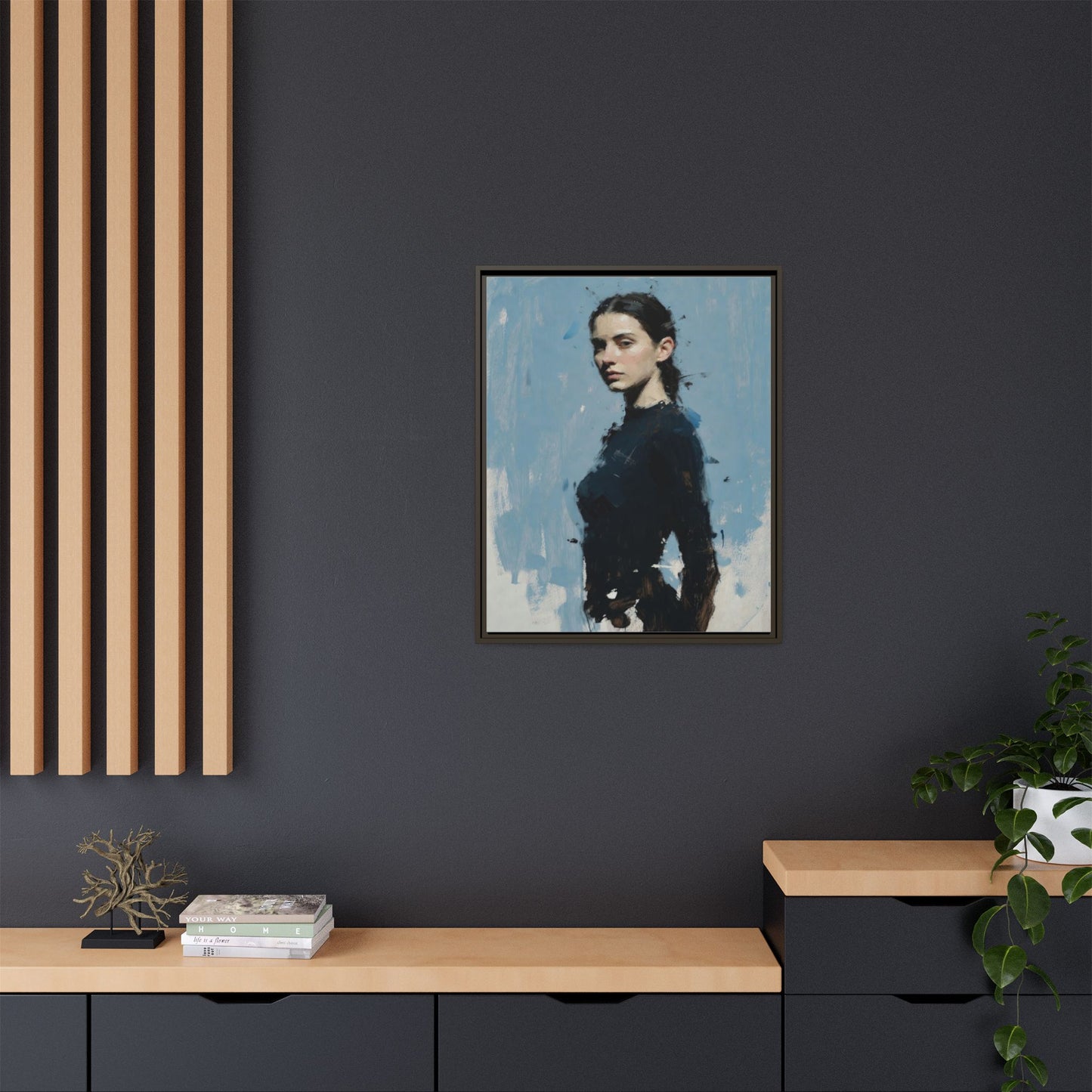 Framed Matte Canvas Portrait Print — Elegant Blue Woman Art
