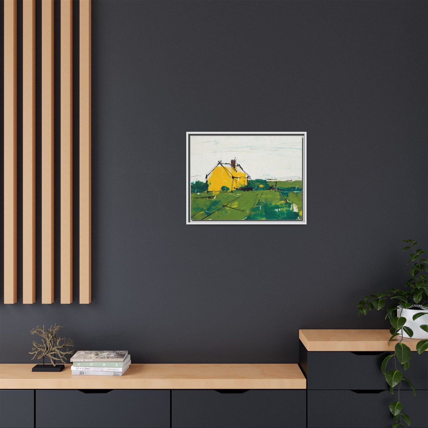 Yellow Cottage Landscape Framed Canvas Print