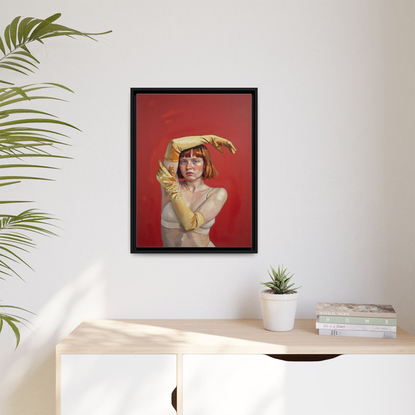 Framed Matte Canvas Art - Portrait of Woman in Yellow Gloves (Red Background)