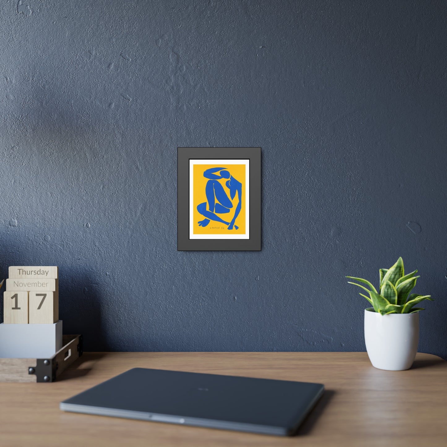 Framed Art Print - Blue Cutout Figure on Yellow (Matisse Style)