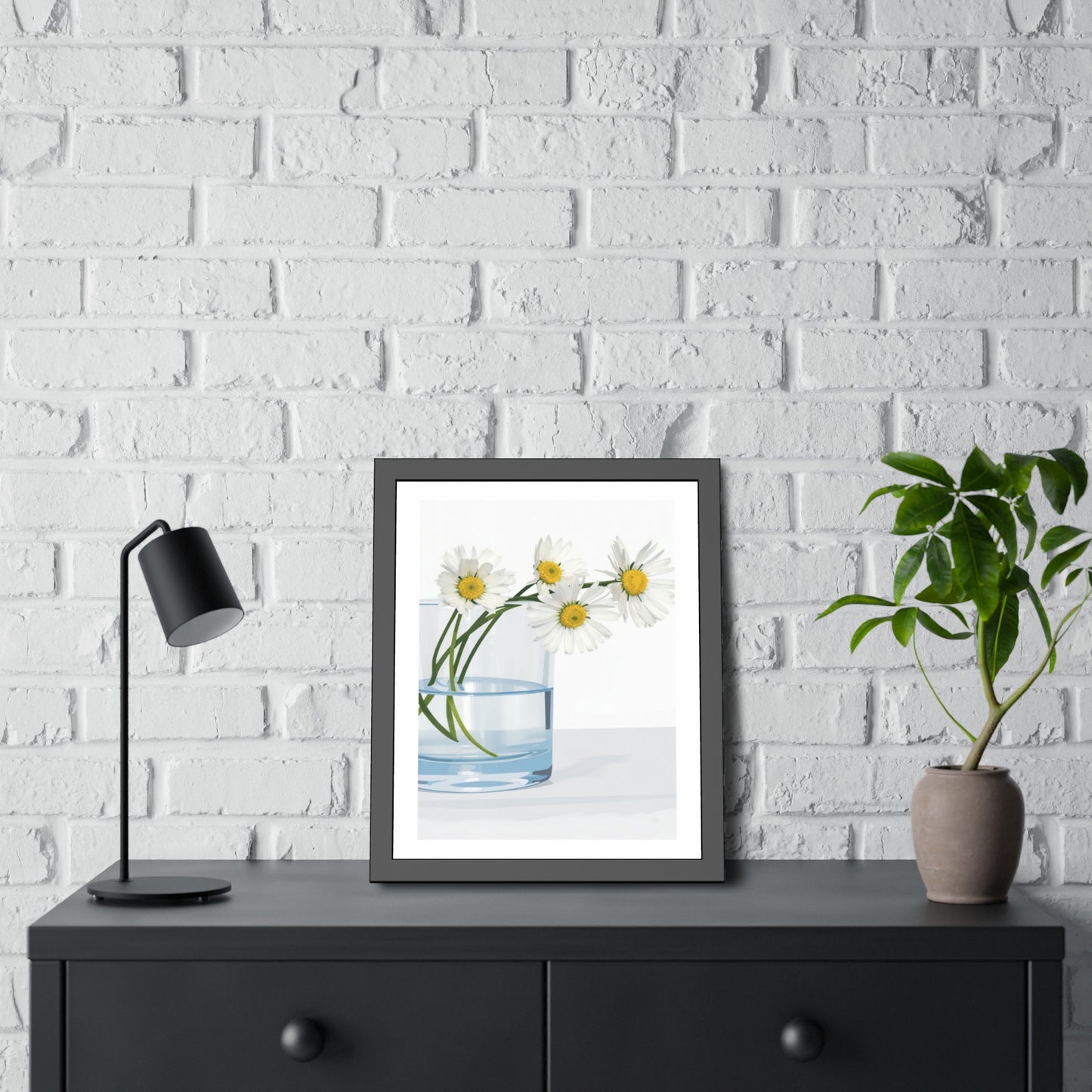 Framed Poster — Daisies in Glass Vase Wall Art, Minimal Botanical Print for Living Room