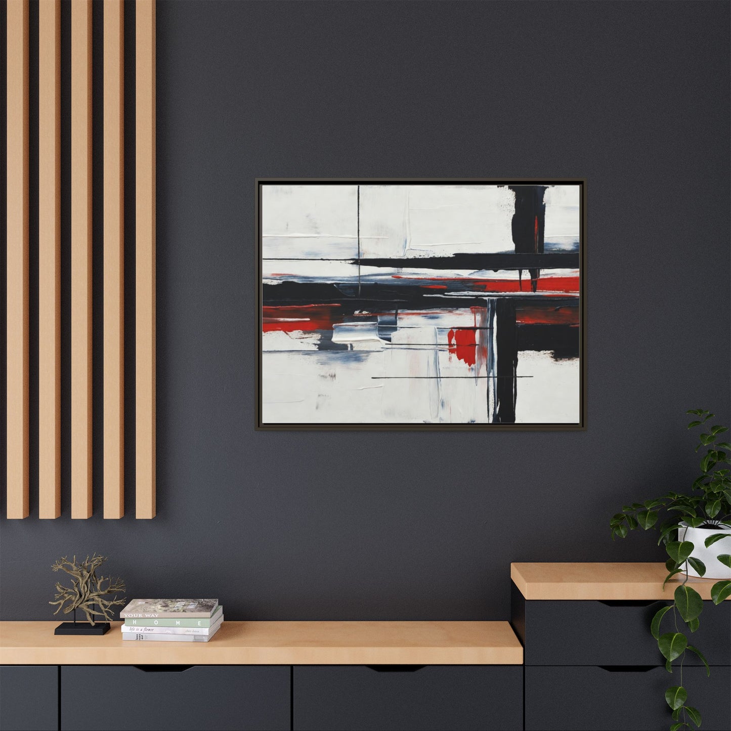 Abstract Red & Black Framed Canvas Art — Modern Matte Wall Painting