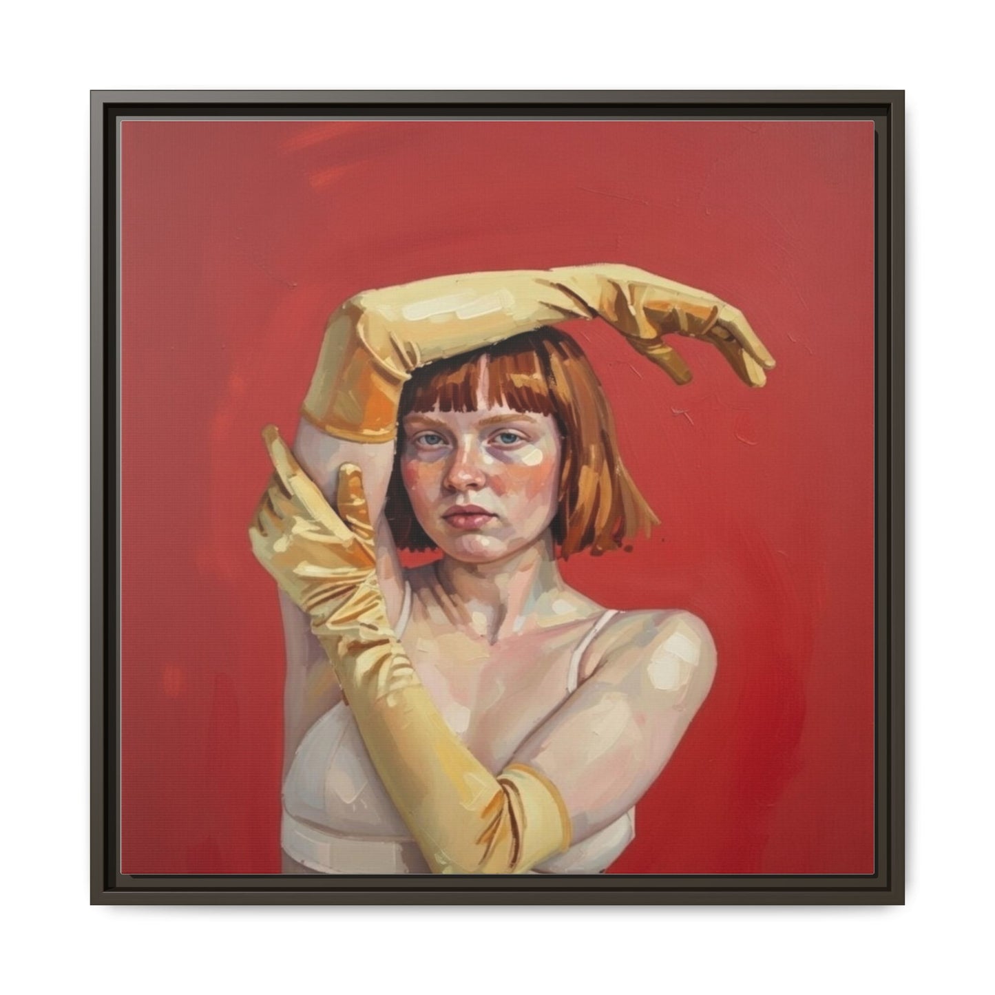 Framed Matte Canvas Art - Portrait of Woman in Yellow Gloves (Red Background)