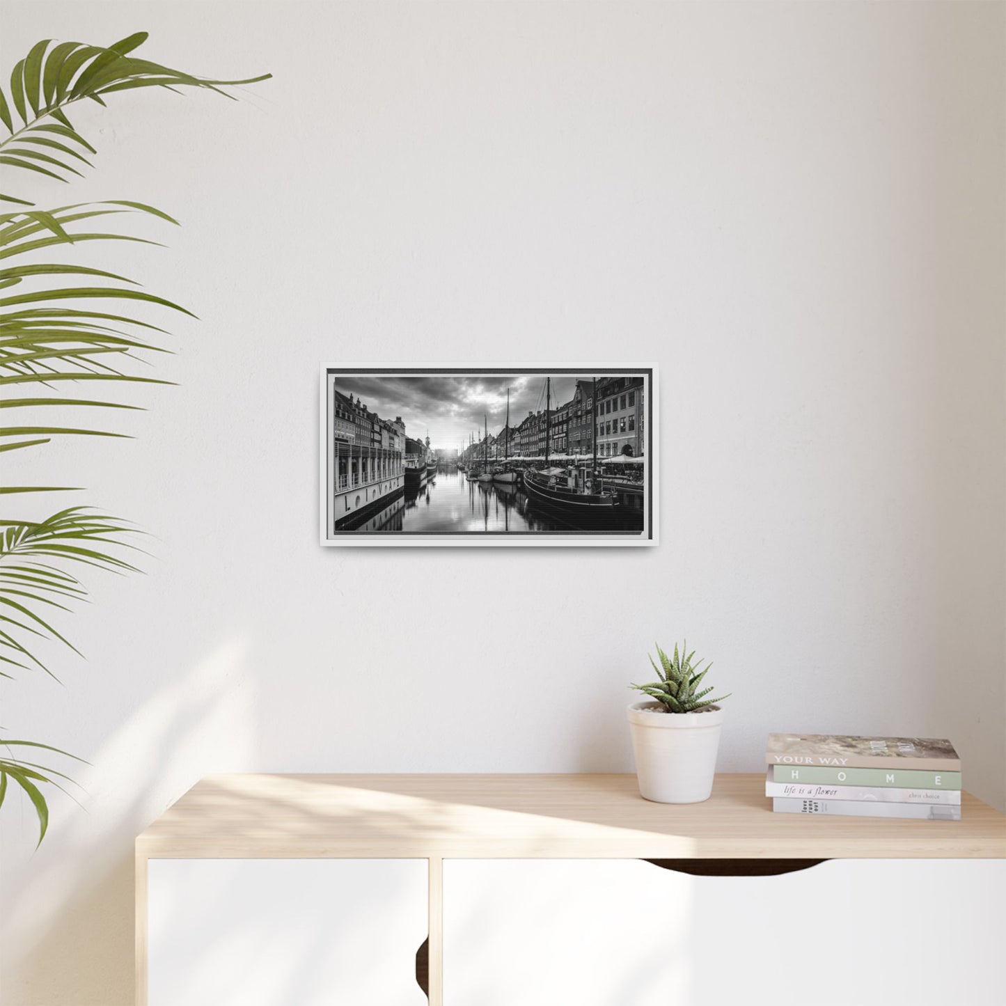 Framed Matte Canvas: Black & White Dutch Canal Photography Wall Art