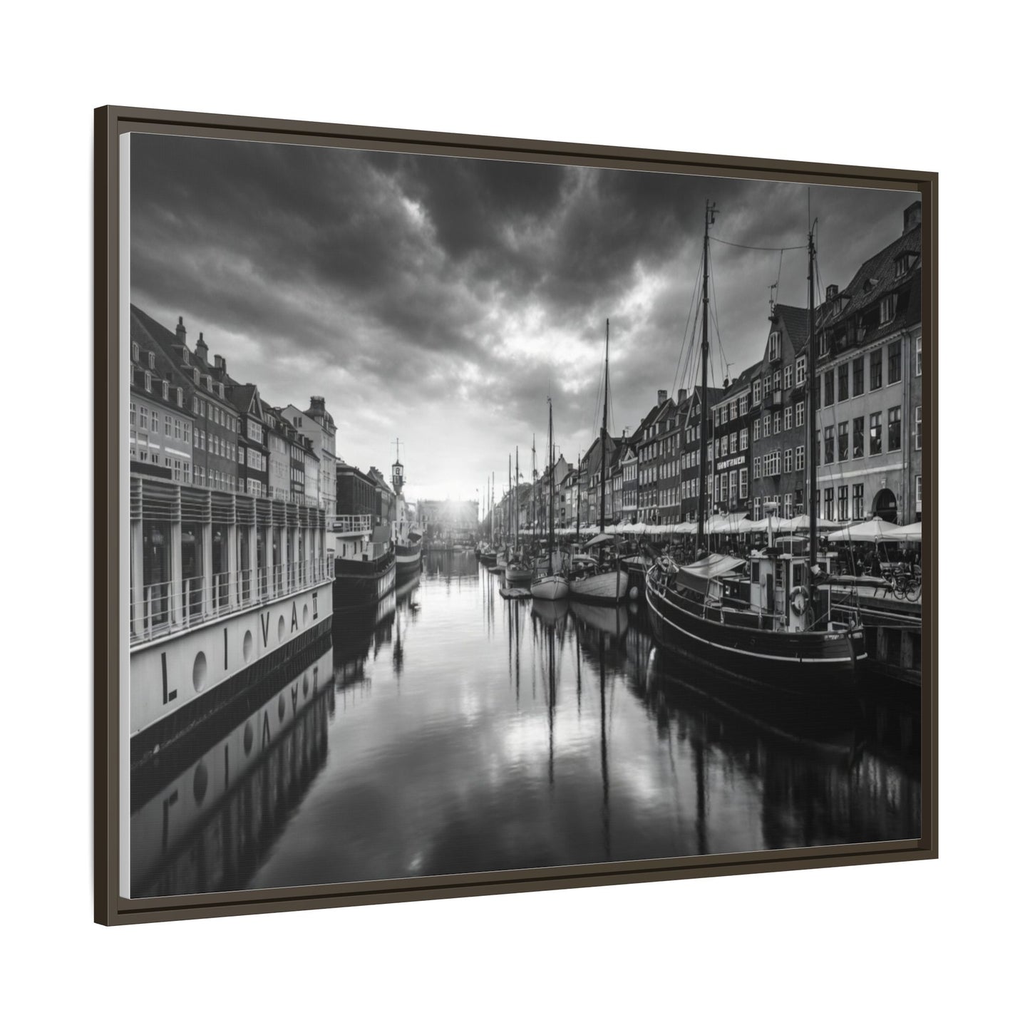 Framed Matte Canvas: Black & White Dutch Canal Photography Wall Art