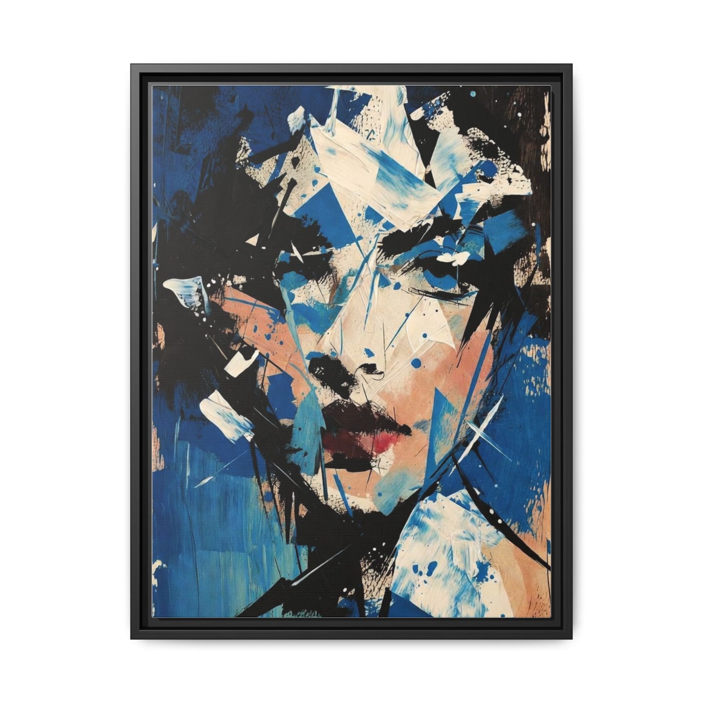 Abstract Portrait Matte Canvas Framed Wall Art — Blue Mixed-Media Face Print