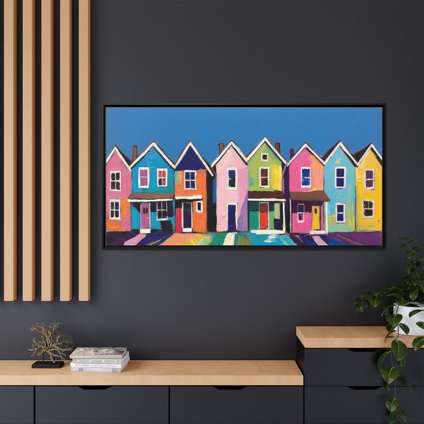 Colorful Beach Houses Matte Canvas Framed Wall Art