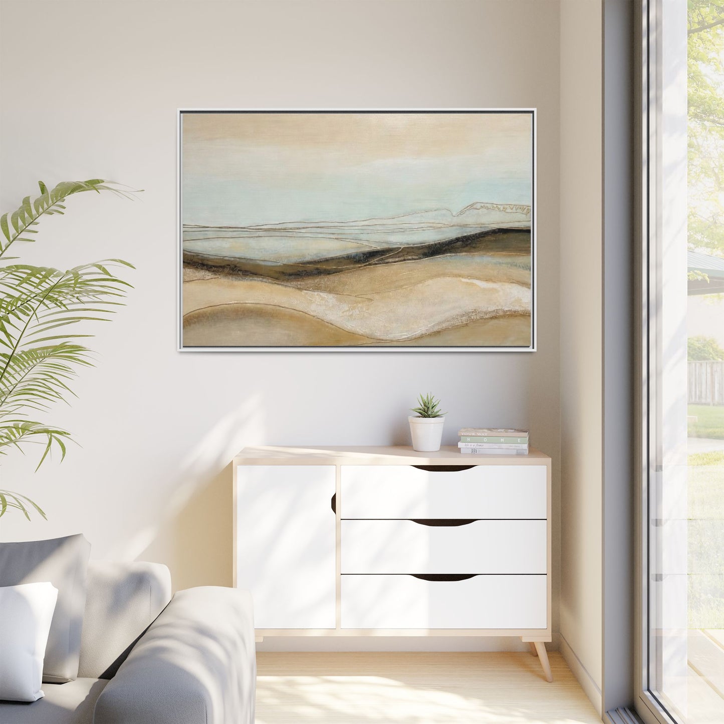 Framed Matte Canvas Wall Art — Neutral Abstract Landscape in Soft Blues & Earth Tones