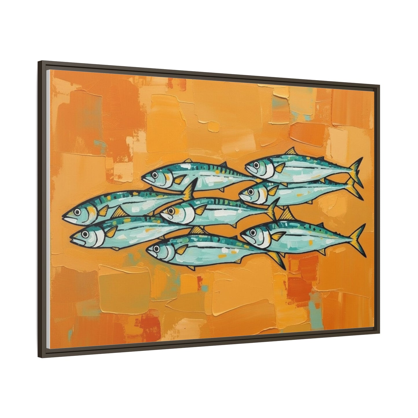 Framed Matte Canvas Print — School of Blue Fish on Orange Abstract Background