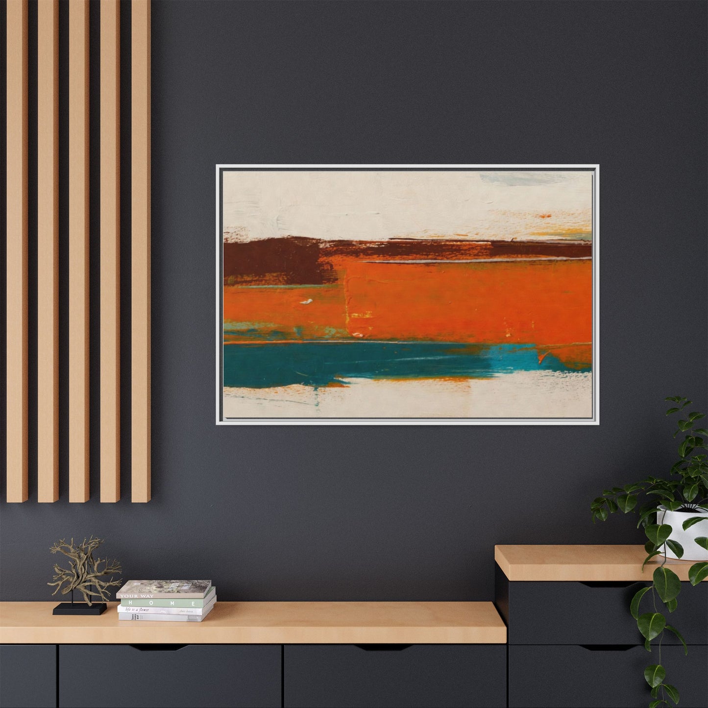 Abstract Horizon Matte Canvas Framed Print — Modern Orange Teal Wall Art