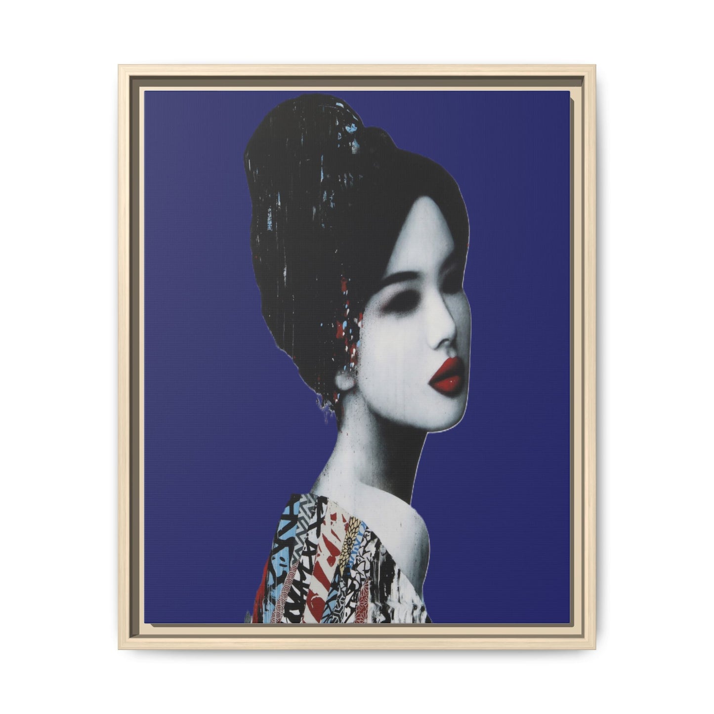 Framed Matte Canvas Art — Elegant Geisha Portrait on Deep Blue