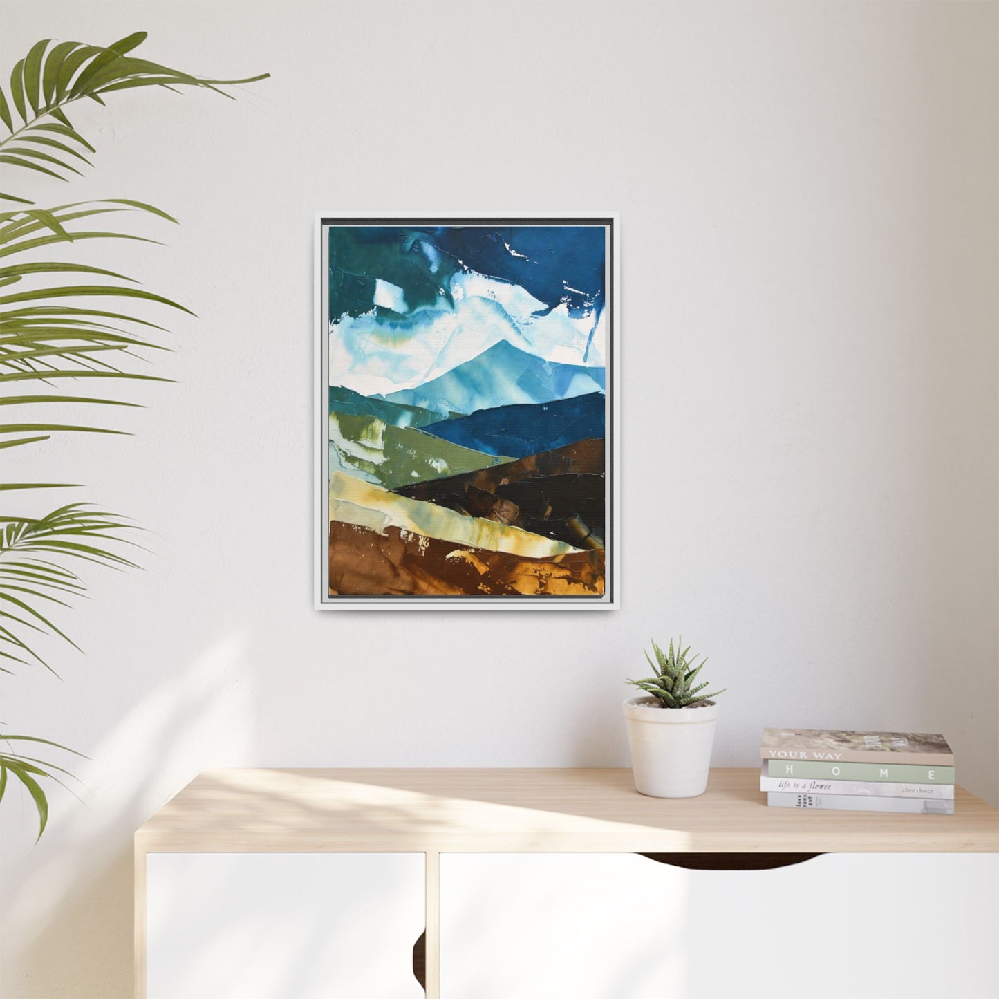 Framed Abstract Mountain Canvas Art — Blue & Earthtone Landscape Print