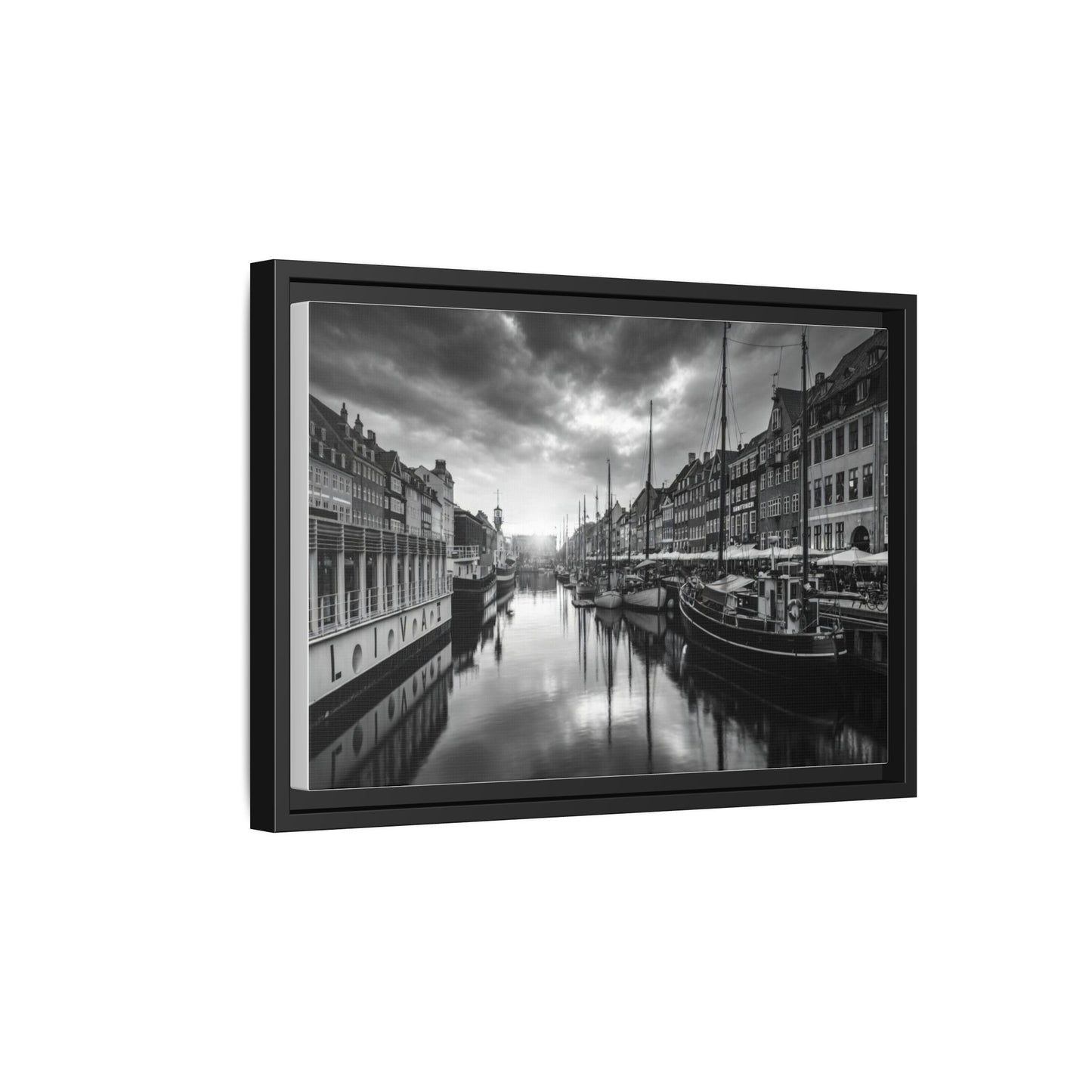 Framed Matte Canvas: Black & White Dutch Canal Photography Wall Art