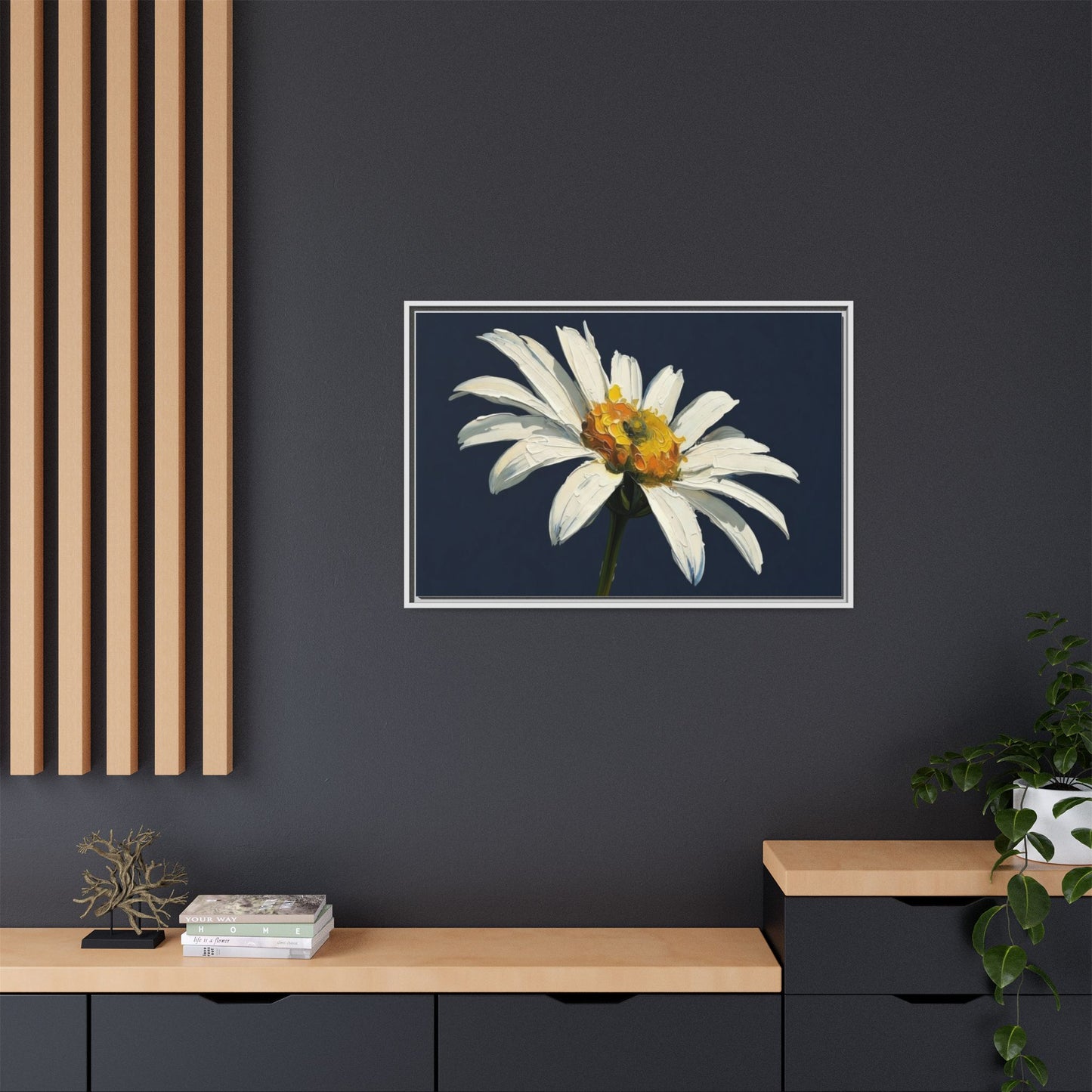 Framed Matte Canvas Daisy Wall Art — White Floral Painting on Navy