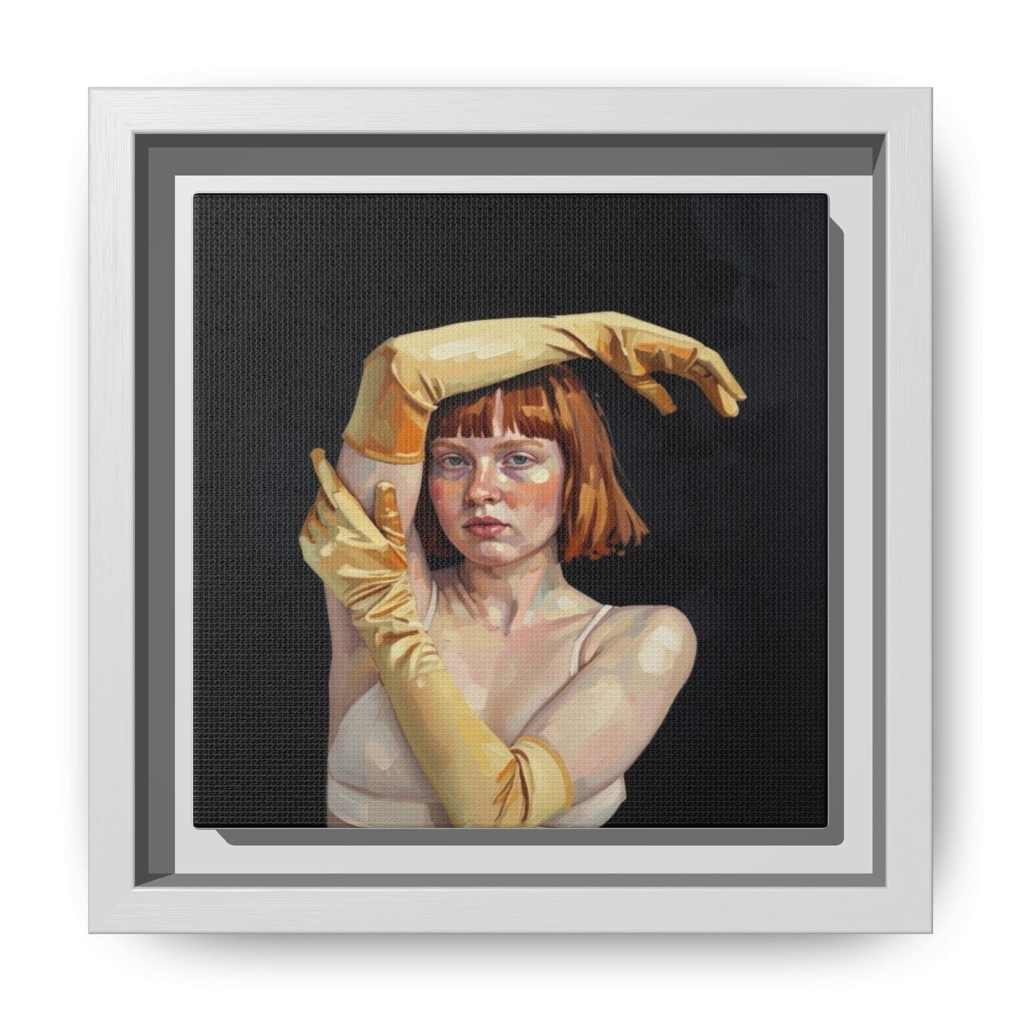 Framed Matte Canvas Art – Portrait of Woman in Yellow Gloves