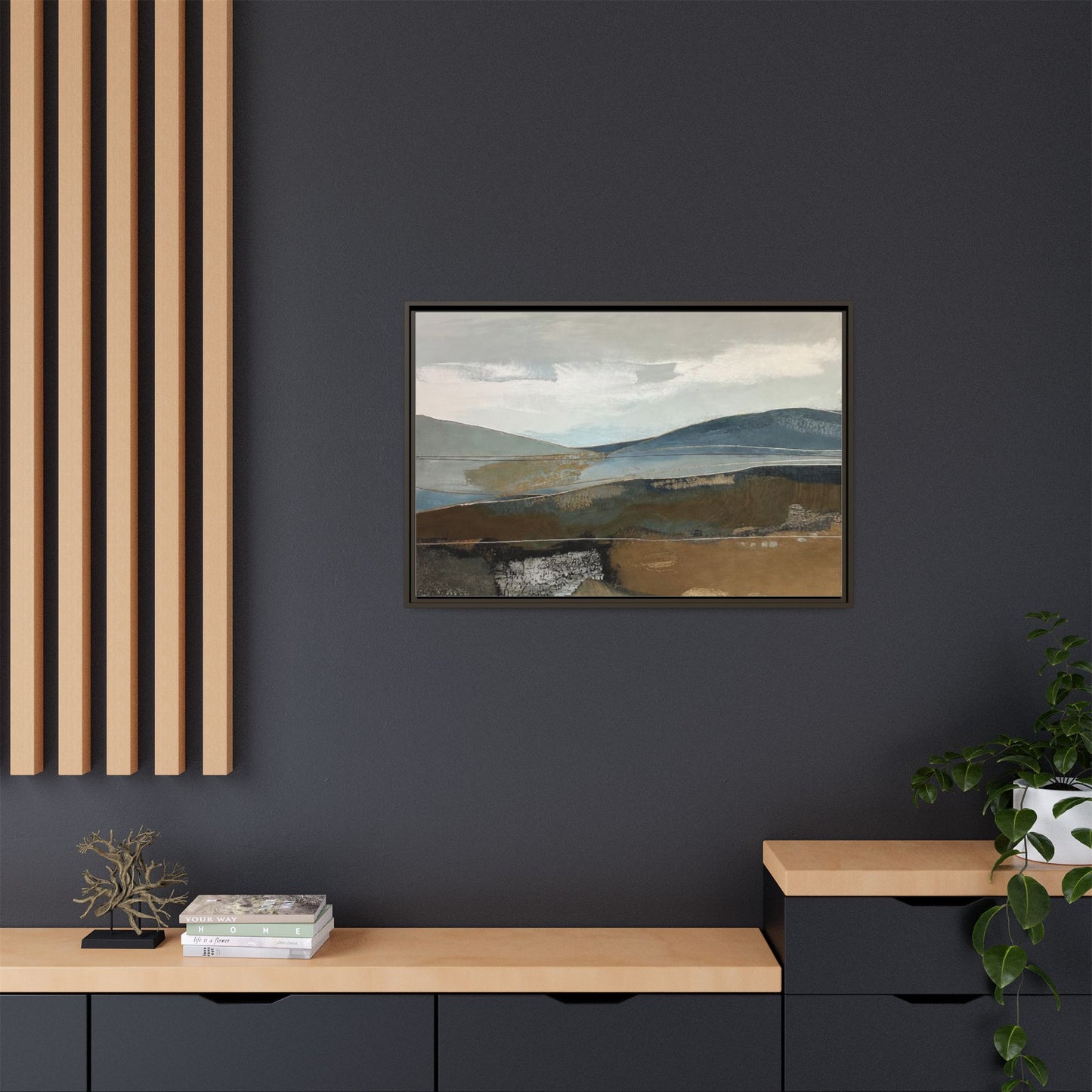 Framed Matte Canvas Landscape Art - Serene Abstract Hills in Blue & Earth Tones