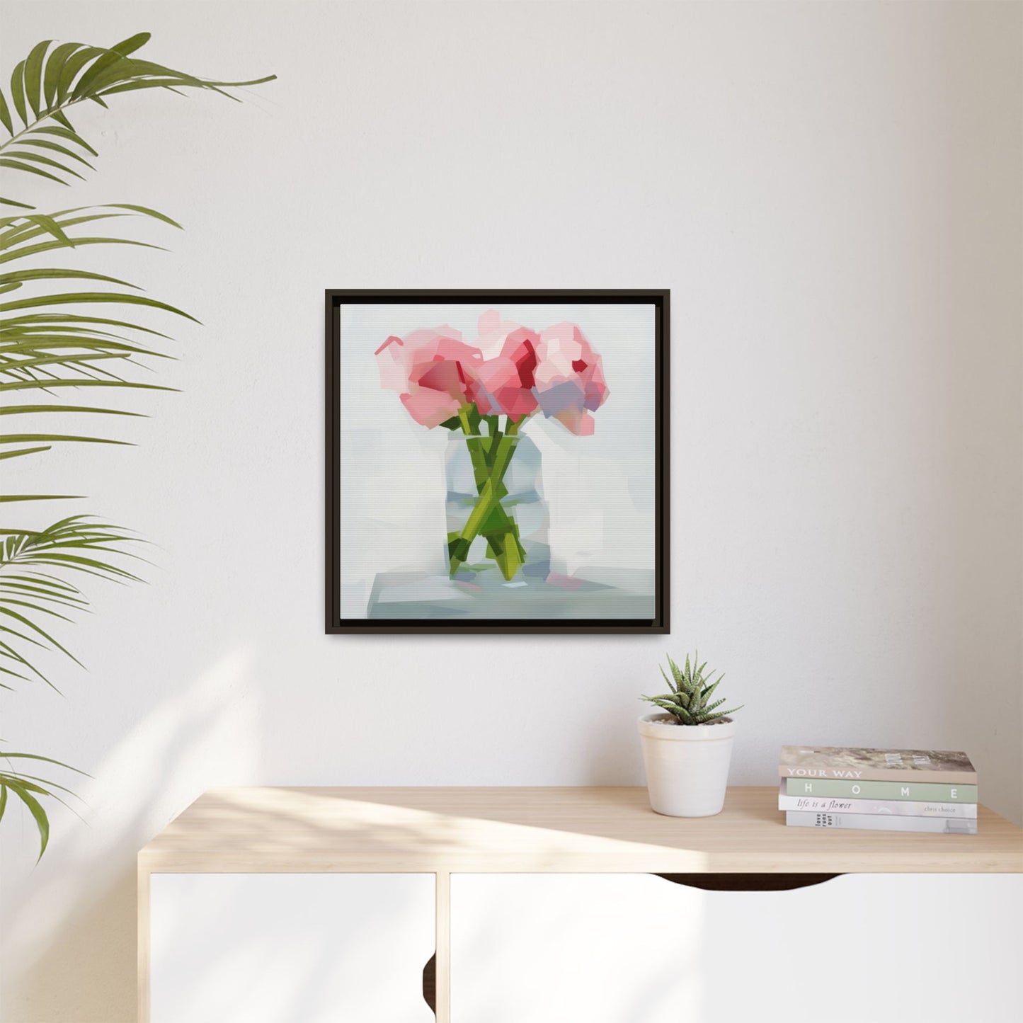Framed Floral Canvas Art — Pink Peonies in Vase (Matte)