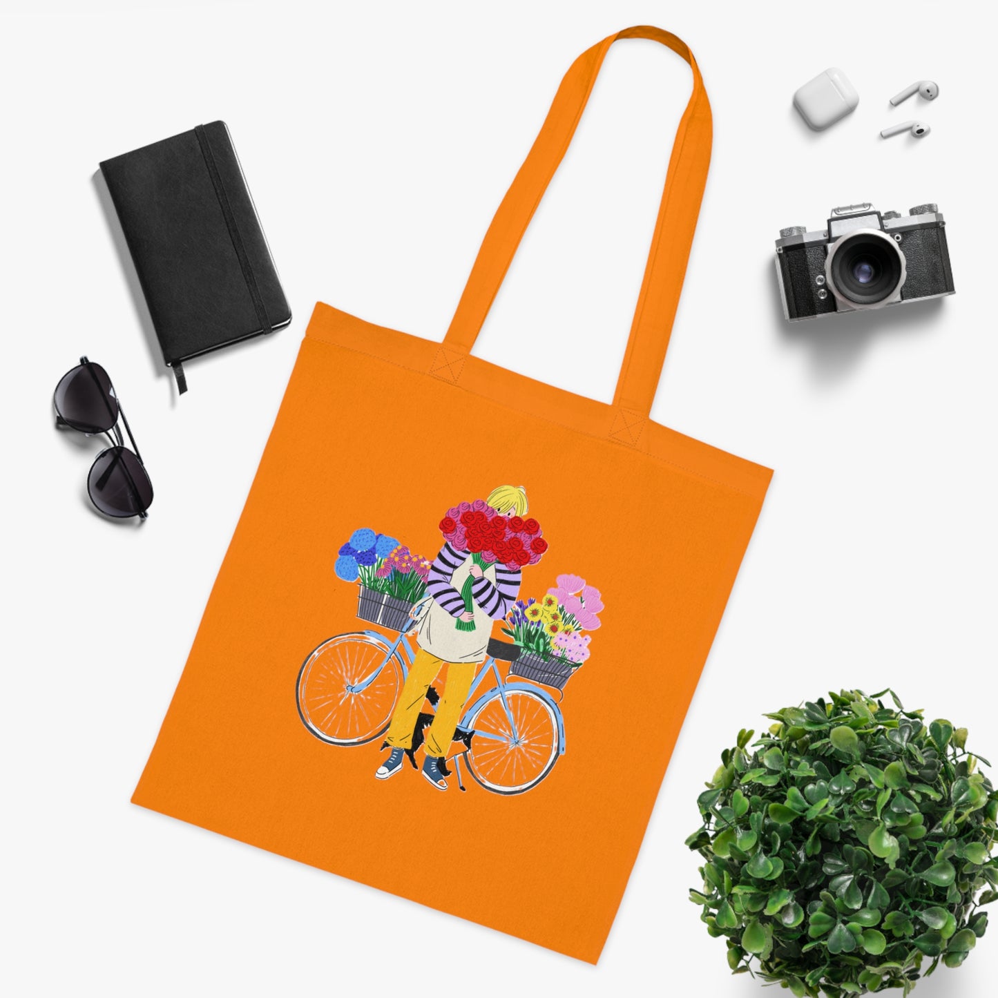 Floral Bike Tote Bag — Cotton Market Tote with Colorful Flower Bicycle Design