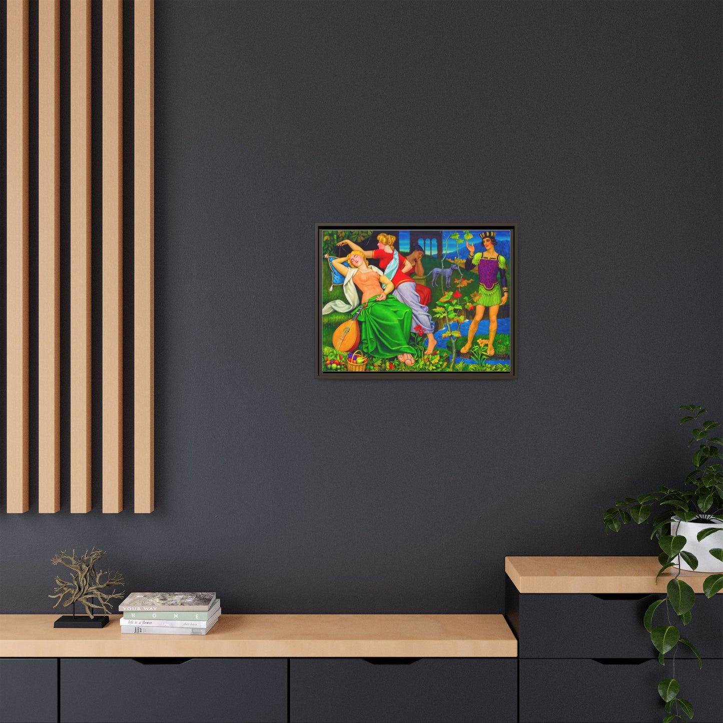 Framed Matte Canvas Art — Colorful Mythic Garden Scene