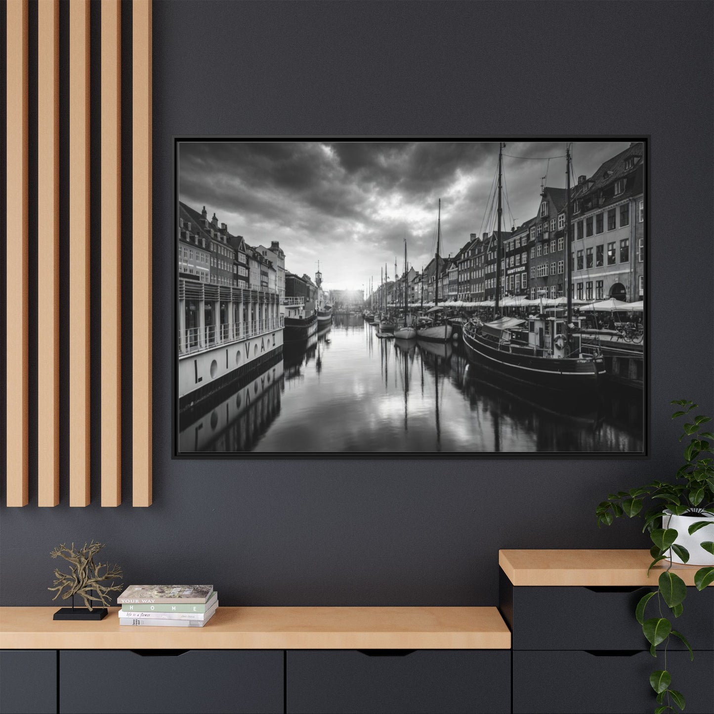 Framed Matte Canvas: Black & White Dutch Canal Photography Wall Art