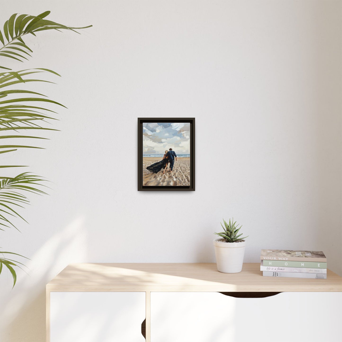 Framed Canvas Wall Art — Romantic Couple Walking on Beach Print