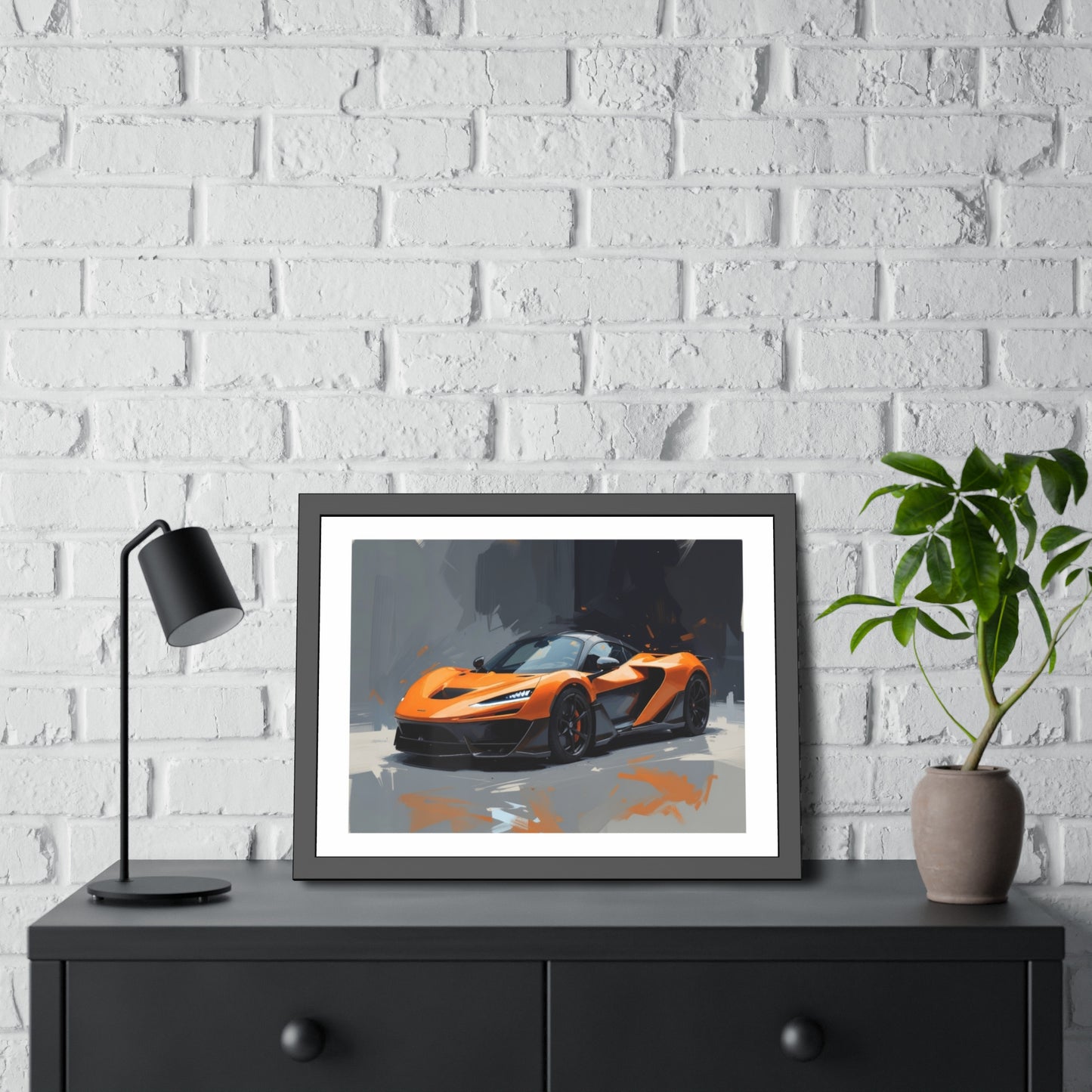 Framed Sports Car Poster — Orange Supercar Art Print
