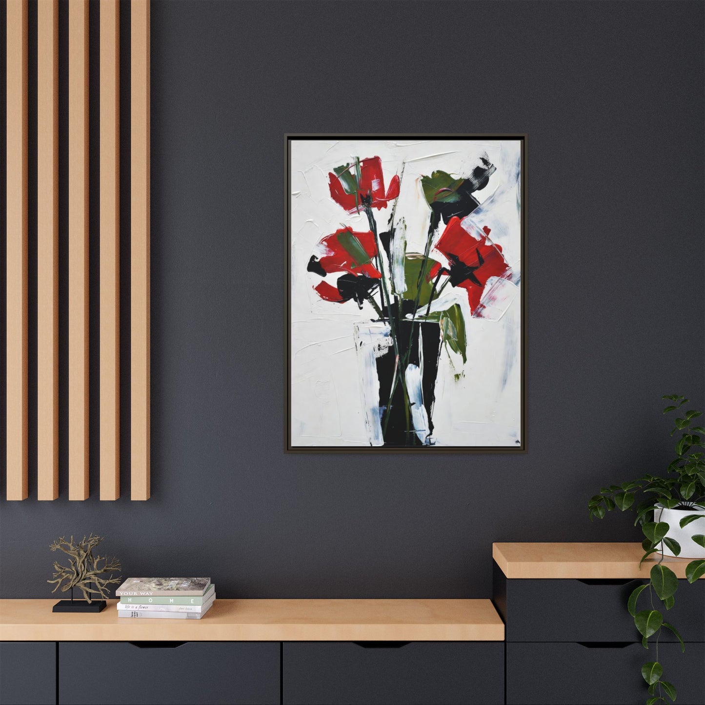 Framed Abstract Floral Canvas Print — Red Poppies in Black Vase