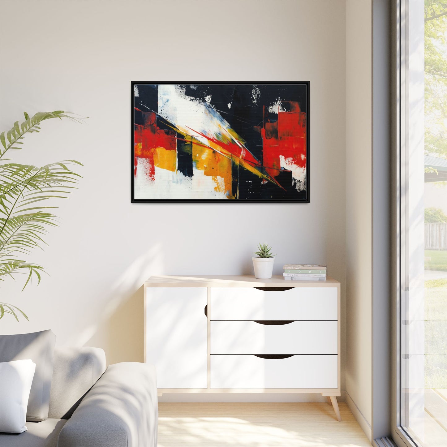 Abstract Red & Black Framed Canvas Print — Modern Geometric Wall Art