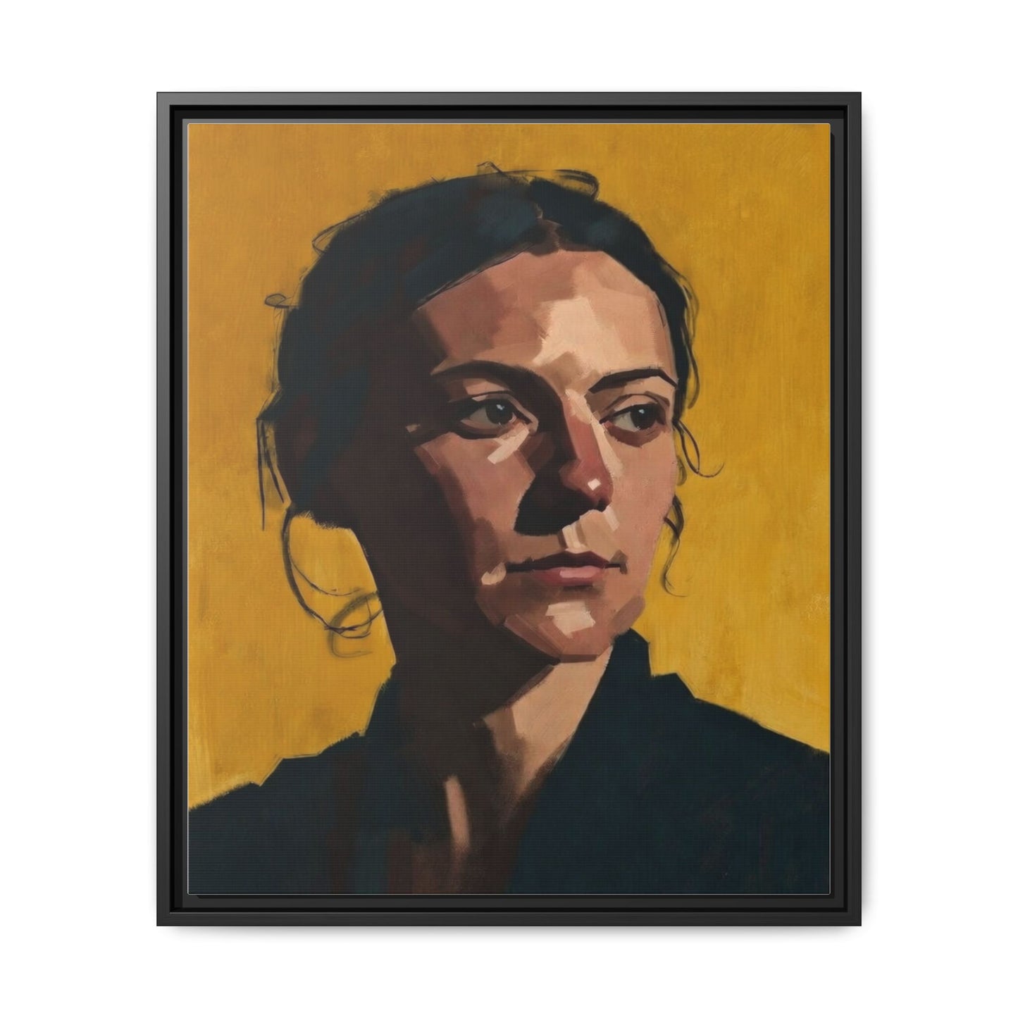 Framed Matte Canvas Portrait Art — Moody Woman on Mustard Background