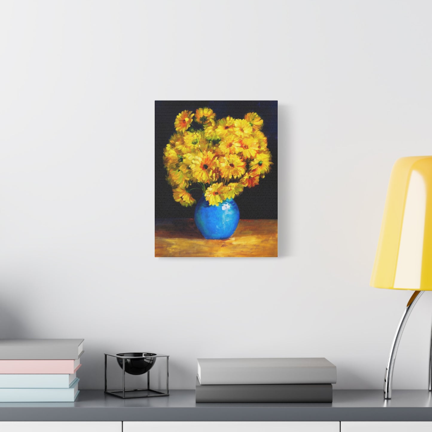 Yellow Chrysanthemum Canvas Wall Art — Blue Vase Floral Painting (Stretched Matte)