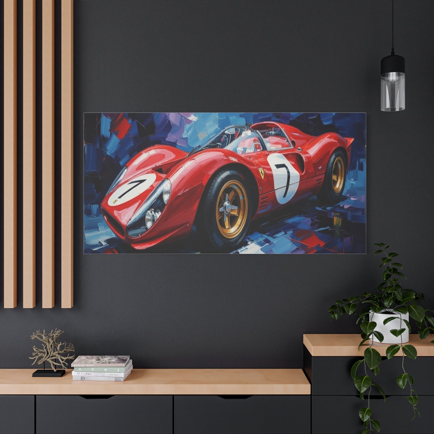 Vintage Ferrari Racing Car Canvas Print — Red Classic Sports Car Artwork (Matte Stretched)
