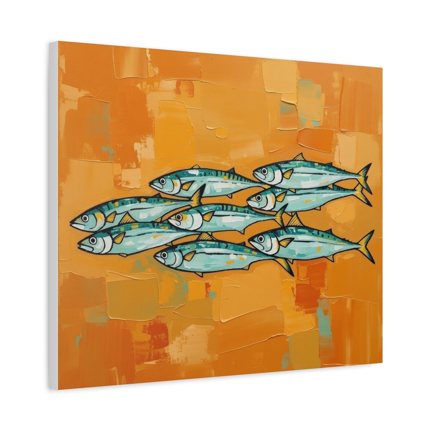 School of Mackerel Canvas Wall Art — Nautical Fish Painting on Orange Background