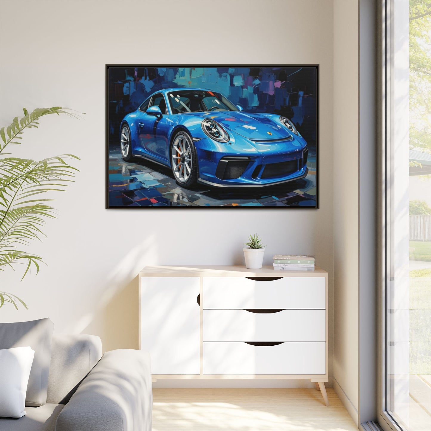 Blue Sports Car Matte Canvas Framed Print — Modern Automotive Wall Art