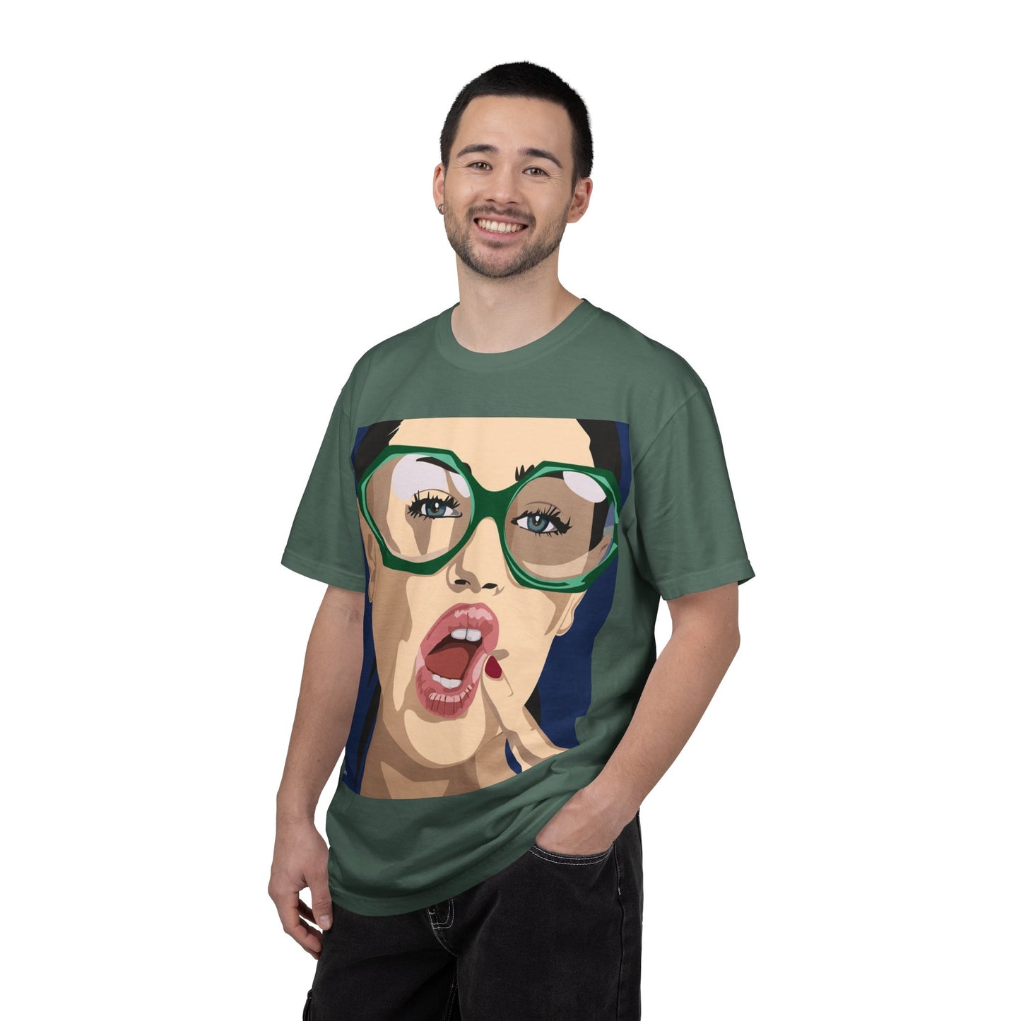 Pop Art Woman Graphic T‑Shirt — Retro Chic Green Glasses Design