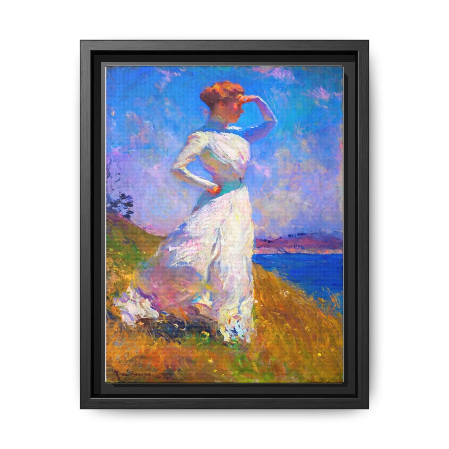 Framed Matte Canvas Art - Woman in White Seaside Impressionist Print