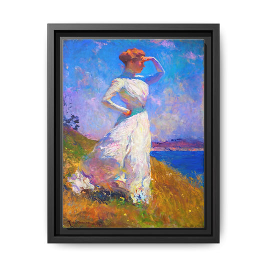 Framed Matte Canvas Art - Woman in White Seaside Impressionist Print