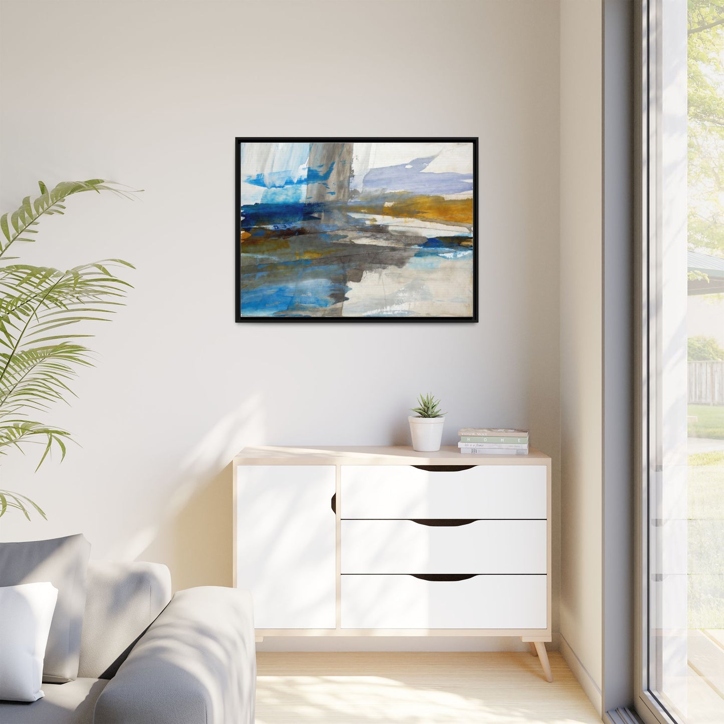 Abstract Blue & Gold Framed Canvas Art — Matte Multi-Color Wall Print