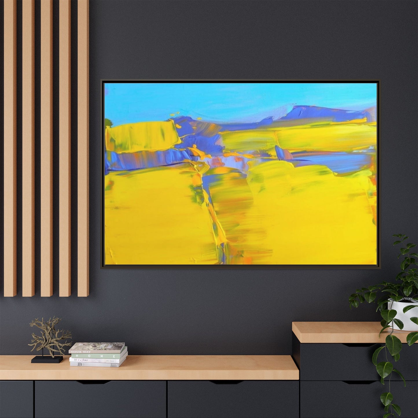 Framed Matte Canvas  Vibrant Yellow Blue Abstract Landscape Art