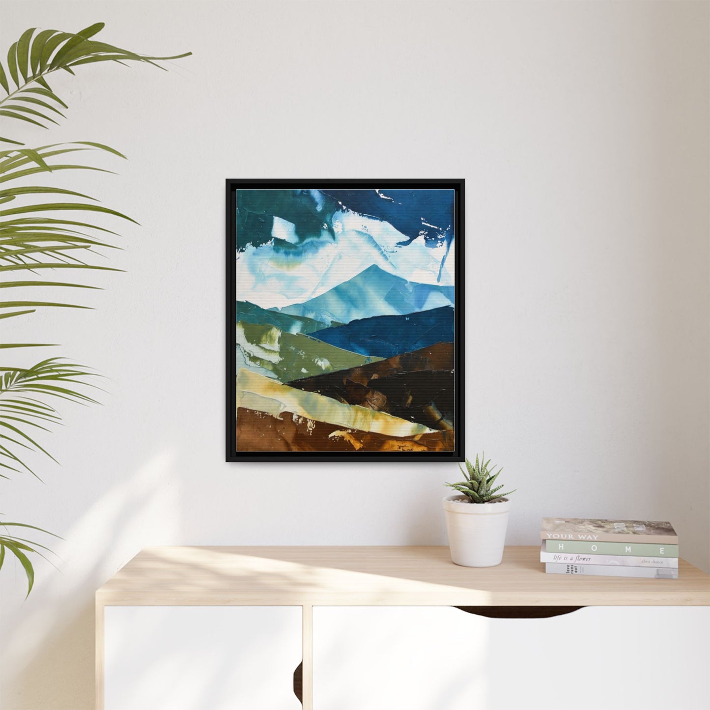 Framed Abstract Mountain Canvas Art — Blue & Earthtone Landscape Print