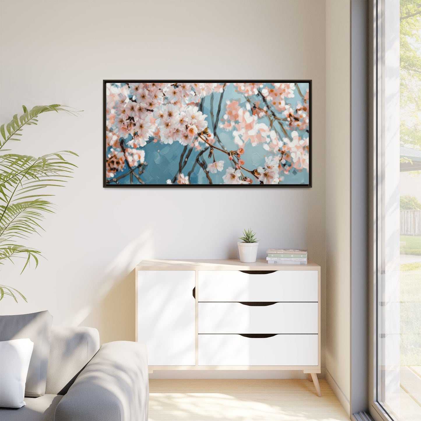Framed Cherry Blossom Matte Canvas Print — Soft Pink Floral Wall Art