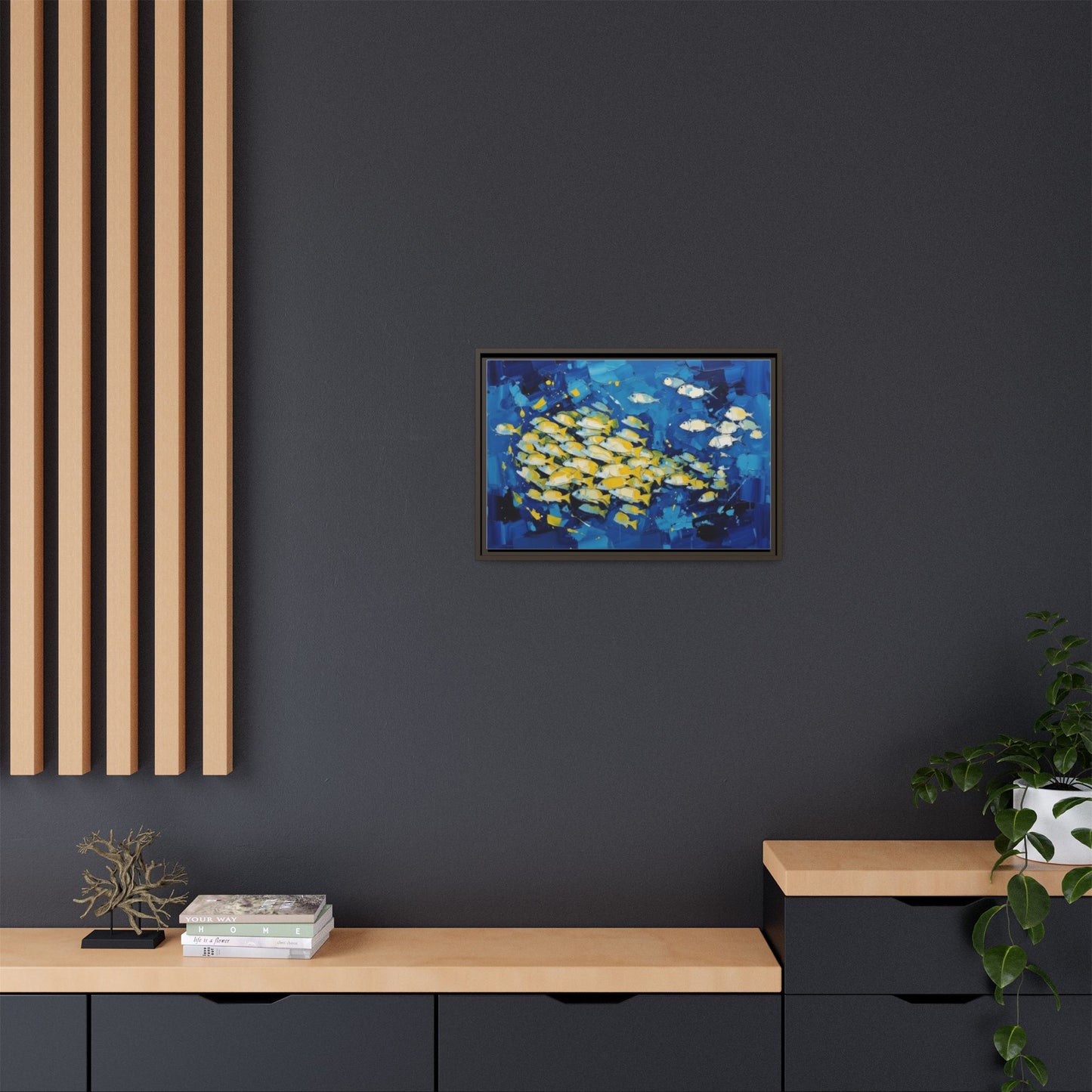 Framed Matte Canvas: Blue School of Fish Wall Art
