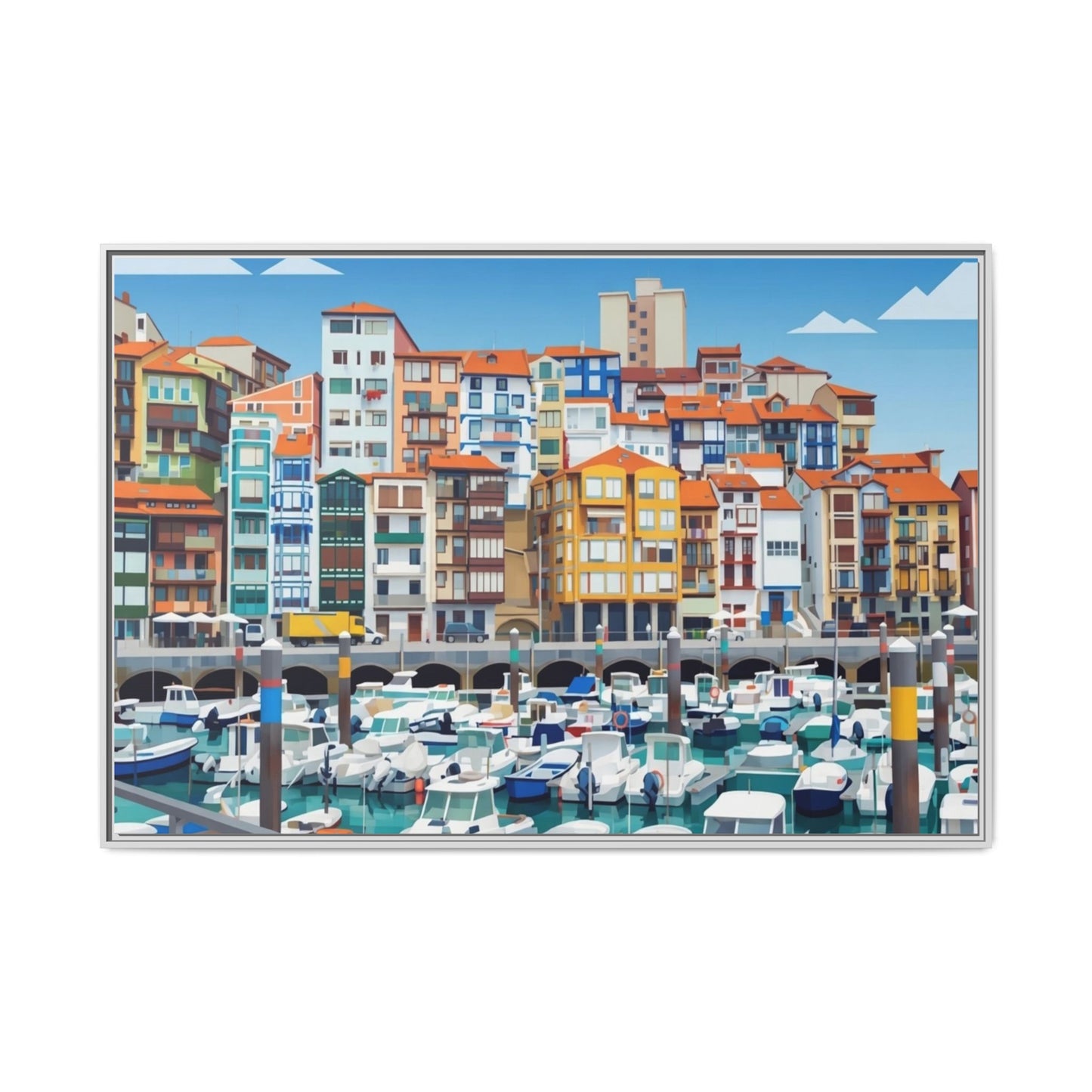 Framed Matte Canvas Print — Colorful Mediterranean Harbor Illustration